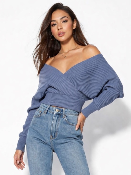 Dreamers By Debut Sweaters - 🌺 Dreamer by Debut Criss Cross V Neck Blue Sweater